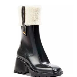 Chloe Betty Black Heeled rain Boots Cream Shearling Cuff square toe eu 38